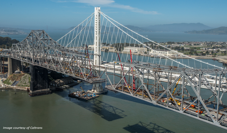 The suspension span separated with the upper and lower decks removed. Image courtesy of Caltrans