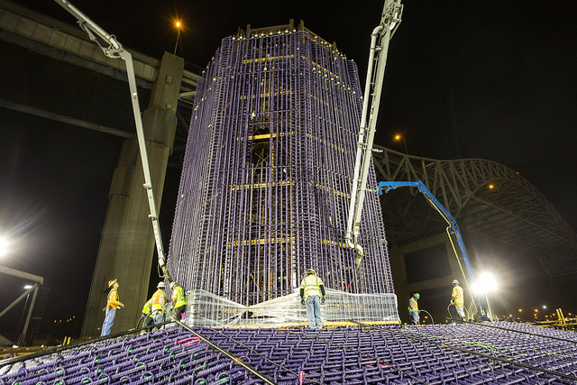 SFI crews place concrete at one of the tower pile caps